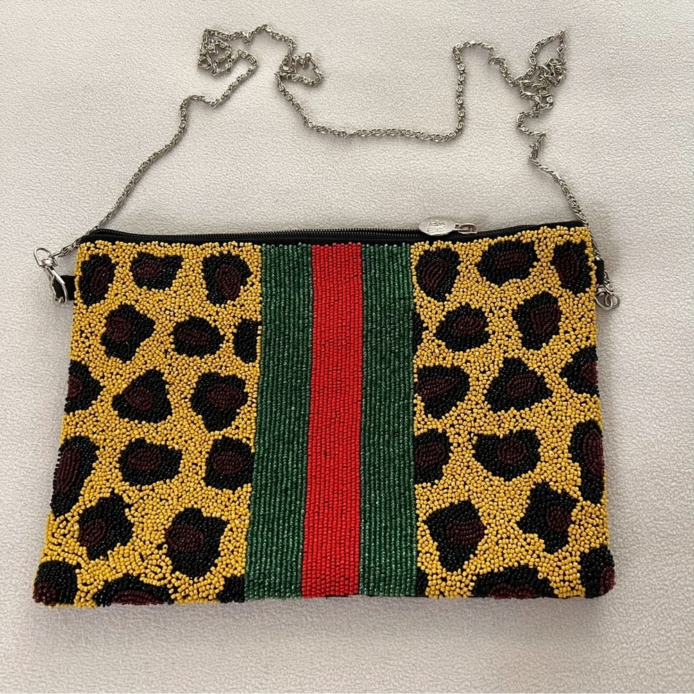 America & Beyon Leopard Print Beaded Clutch with Chain Strap